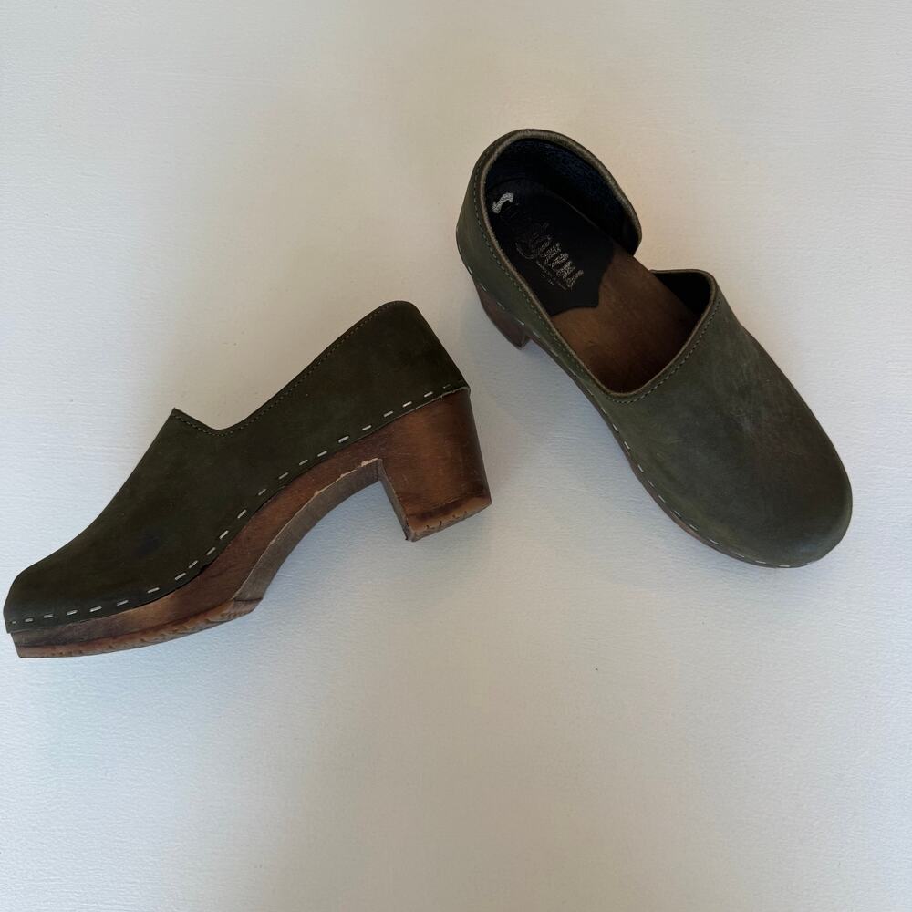 Sandgrens Sweedish Handmade Suede Brett Clogs Olive Green Size 36 US 5.5